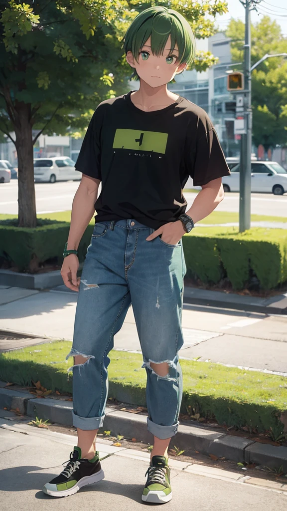 90s style, MEN, standing, green hair, bangs, green eyes, band t-shirt, wristband, loose jeans, sneakers