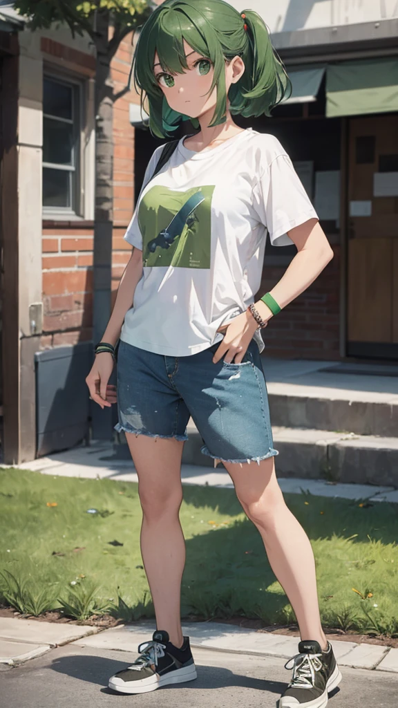 90s style, MEN, standing, green hair, bangs, green eyes, band t-shirt, wristband, loose jeans, sneakers
