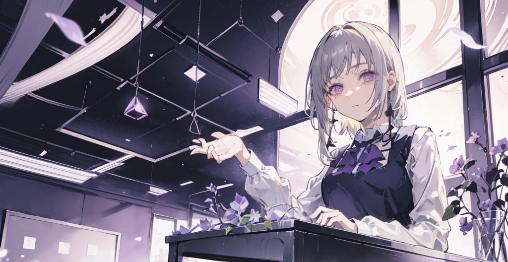 Anime girl1, long. Grey  hair, purple eyes, (hair blows to the left side perfect long bangs) Wearing a bright blonde vest, wearing a blonde hoodie vest,Using a blue jabot) head pose to the right without looking ahead, (Room background, open glass school windows, shiny tables)), clear photo frame of a beautiful woman, The right hand holds a flower stem with white petals that have withered, smiled, Hand holding a rectangular glass aquarium filled with purple flowers, there were several students behind him, smiled, In the purple rose laboratory, a hand was holding a purple potion, Sparkling blue purple butterfly 