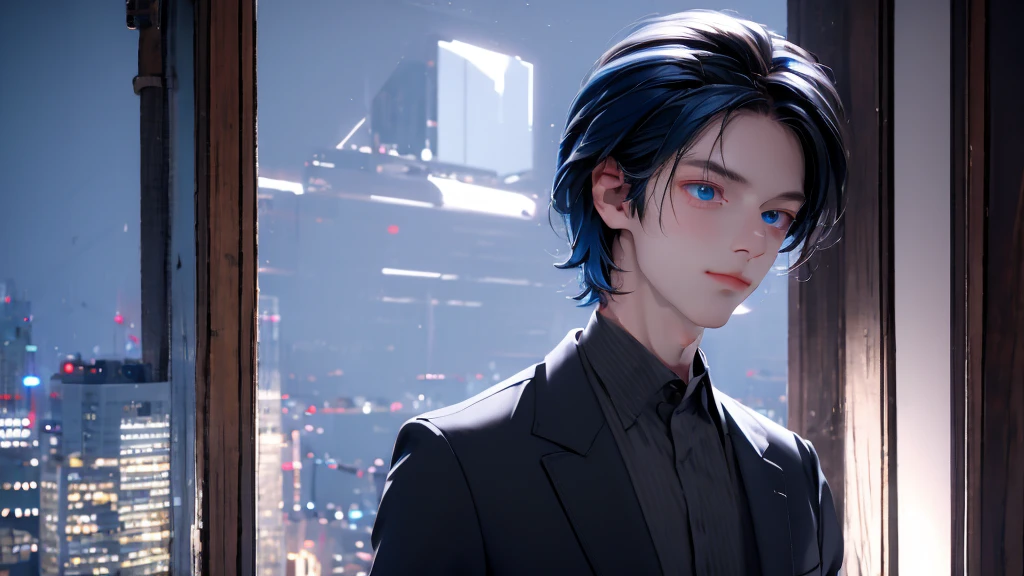 1 Boy&Girl , Boy medium light black hair, Girl medium light Blue hair, light blue eyes, wearing black suit, night city, 18+ , high res, ultrasharp, 8K, masterpiece, looking from behind