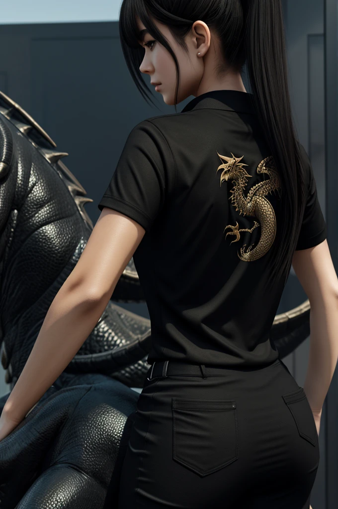 3D Girl in a black shirt with a name PBM with dragon at her back