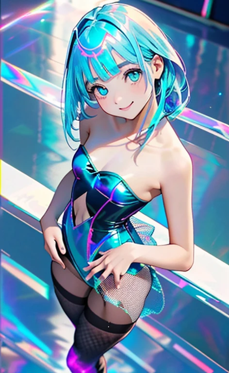 (Photorealistic:1.4)、(:1.5),(masterpiece、lens flare、Exquisite beautiful eye:1.5,portlate:1.5),(),(kind eyes、tareme:1.9),(Close-up of face,face focus1.7)、(looking up at viewer),(from above:1.6)、Cute Face、 3D Face、(aqua hair:1.5)、(long hair,:1.2),(sidelock :1.3),(blunt bangs:1.3),(1 lgirl)、(aqua eyes:1.2)、(cowboy shot:1.5)、、(smile:Fishnet tights:1.3).(),(head tilt) ,(),(flat chest),(),(hologram strapless leotard :1.5),(art background:1.5)、(Detail)、(Reflection:1.5)、Slim Body(),ShHair、laser、chr0m3dr3ss, dress, chrome dress,