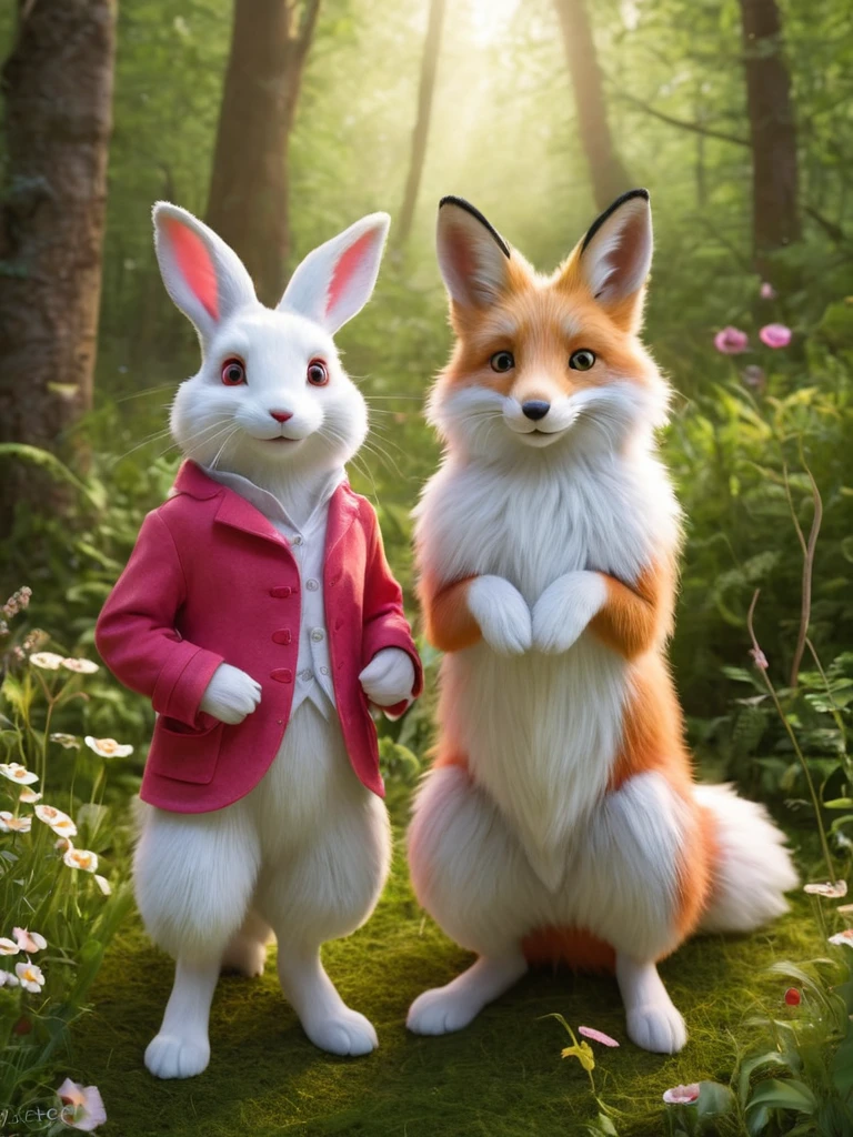 A high-resolution image featuring a realistic white rabbit and a red fox in a cheerful and happy setting. The rabbit, with soft white fur and pink-tinted ears, stands upright, its eyes bright and expressive. The fox, with a lush red coat and a bushy tail, sits nearby, displaying a playful demeanor. The scene is set in a softly lit forest clearing, with dappled sunlight filtering through the trees, creating a warm and inviting atmosphere. The background is detailed with green foliage and scattered wildflowers, adding to the natural and joyful ambiance.