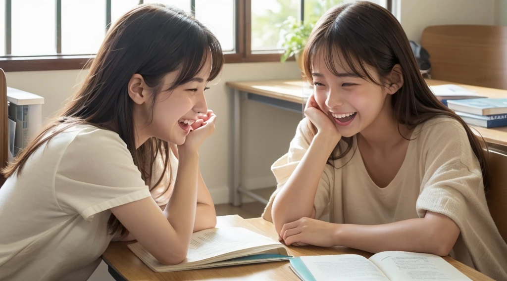 Photorealistic、A scene from a coming-of-age movie、Sit at a desk and enjoy studying with your friends、Laughing with your mouth open、Close-up of face、petal、season!!: summer☀ 🍂