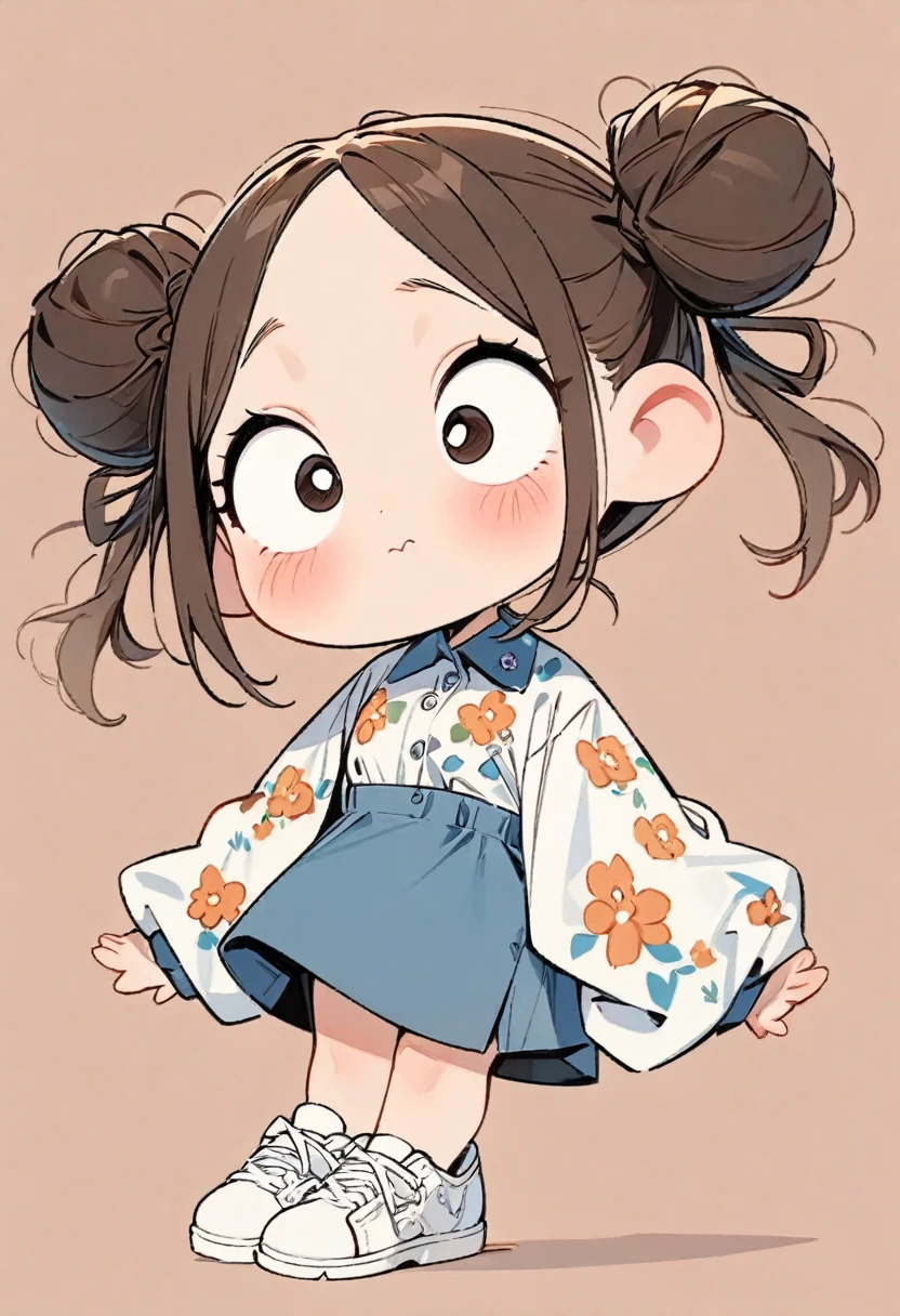 (masterpiece, highest quality:1.2), Cartoon style character design。1 girl, alone,Big eyes,Cute expression,Two buns hair,Floral Shirt,Work clothes,White sneakers,stand,interesting,interesting,Clean Lines,Solid color background