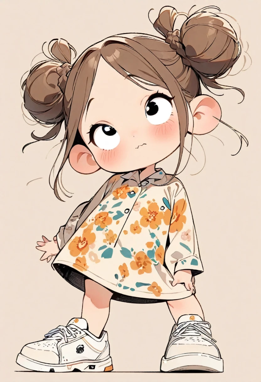 (masterpiece, highest quality:1.2), Cartoon style character design。1 girl, alone,Big eyes,Cute expression,Two buns hair,Floral Shirt,Work clothes,White sneakers,stand,interesting,interesting,Clean Lines,Solid color background
