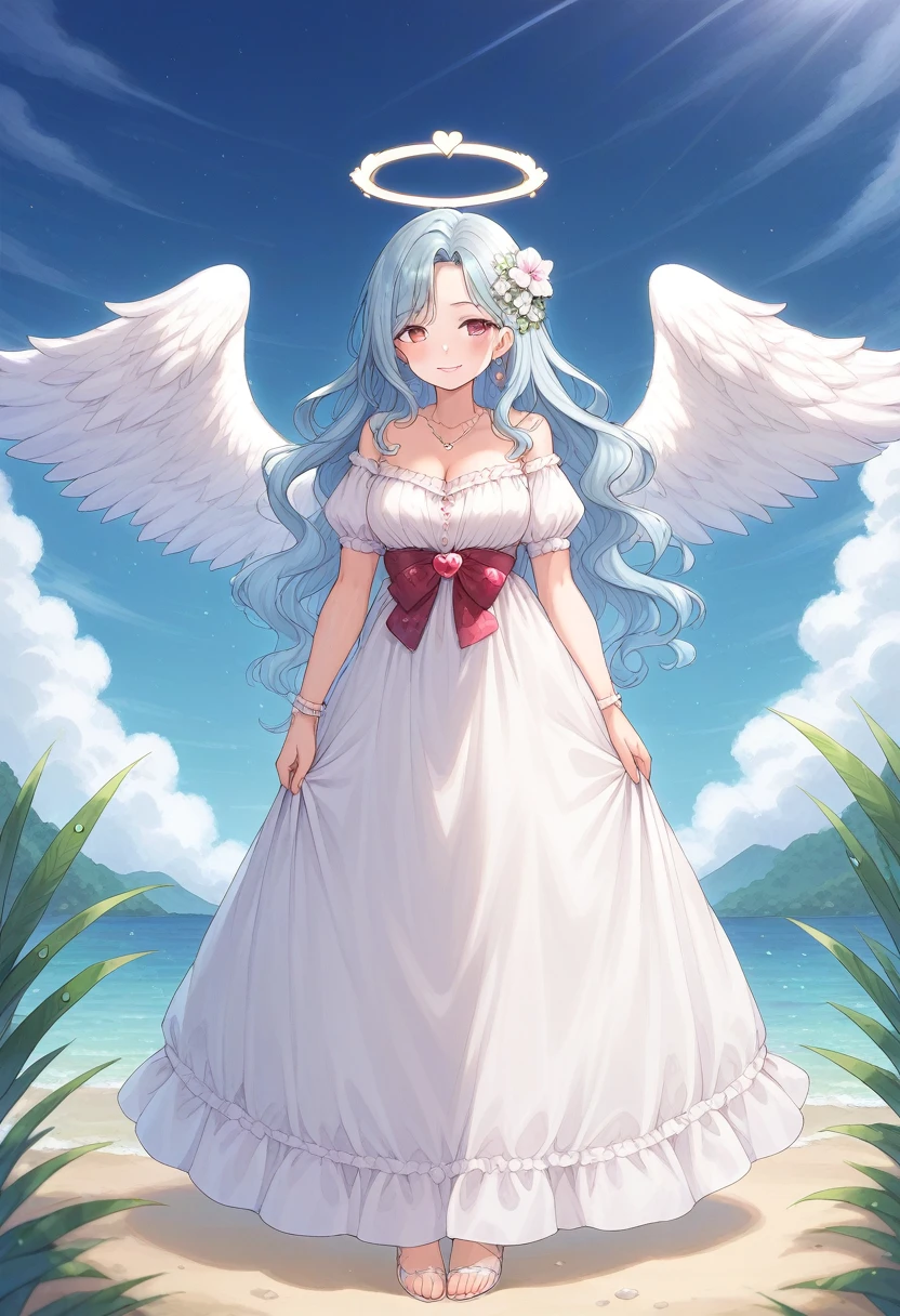 score_9, score_7_up, score_6_up, 1girl, source_cartoon, source_anime,breathtalking Scenery,watercolor,smooth soft skin, natural skin,full body,
BREAK
(20 years old),1girl, (large breasts:1.3),Oily skin,smile,ultra cute face,(alluring physique:0.9),slender,
BREAK
(Long wavy hair:1.4), (Light blue hair:1.3),(pearlwhite angel wings round fold:1.5),garnet eyes,wings round close, (angel wings inspired by ice and snow),large intake hairstyle,
BREAK
(Perfect red Heart shaped angel halo:1.4),(Heart shaped red angel halo of light:1.2),(Heart mark angel halo:1.5),(Heart shaped pendant:1.1),
BREAK
white dress inspired by sea ripples and seaweed,wears transparent dress evoking the waves, Elaborate accessories crafted from sea jewels,pale blue dress inspired by ice,dress inspired by snow,(Sash:1.2),red Sash with red heart shaped gem,crystal dress,