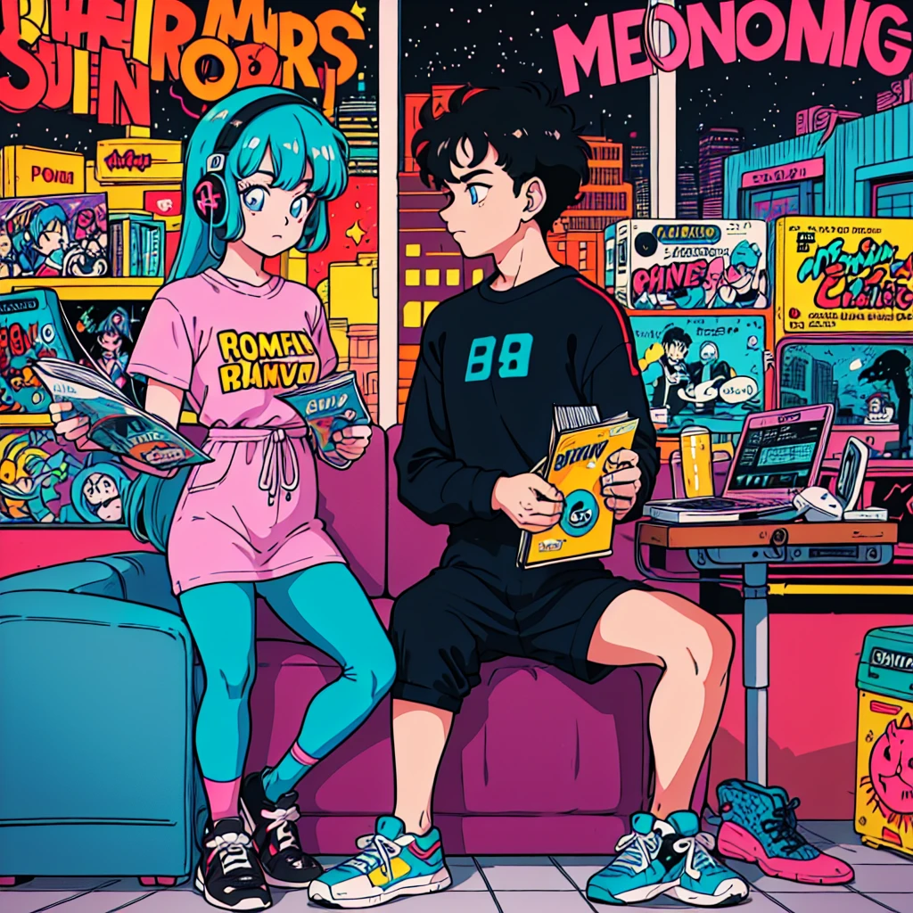 (masterpiece), highest quality, Expressive eyes, Neon pastel aesthetics, Retro 90s, Neon color,((Girl sitting on sofa,In a cozy room,Records hanging on her wall, Comic books on the floor, Looking out the window behind her at the night city, Upholstered room, Anime figures lined up on a shelf)), Wearing headphones, (All around her it sparkles), (wearing thick colorful sneakers), (blue eyes), (Soft look), (Synthwave Art Style), Colorful Hair, Desk with PC set up