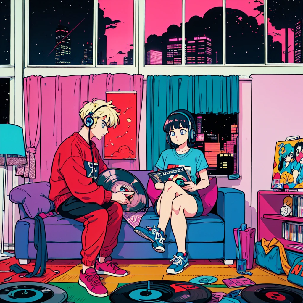 (masterpiece), highest quality, Expressive eyes, Neon pastel aesthetics, Retro 90s, Neon color,((Girl sitting on sofa,In a cozy room,Records hanging on her wall, Comic books on the floor, Looking out the window behind her at the night city, Upholstered room, Anime figures lined up on a shelf)), Wearing headphones, (All around her it sparkles), (wearing thick colorful sneakers), (blue eyes), (Soft look), (Synthwave Art Style), Colorful Hair, Desk with PC set up