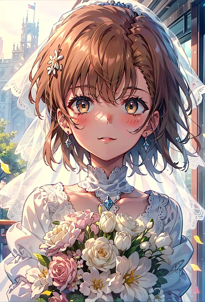 8k,highest quality,masterpiece,(((Pixel Perfect, Perfect in every detail))), alone, 1 girl, ,Mycotrose, Brown eyes,Brown Hair,short hair,Open your mouth,smile,blush,Flower Hair Ornaments,Veil,Weddでg dress,holding a bouquet with both hands,Flower Storm, break outdoors, Chapel,Association, break lookでg at viewer, Upper Body,(Cowboy Shot:1. 5) , break (masterpiece:1.2), highest quality, High resolution, unity 8k wallpaper, (shape:0.8), (Beautiful details:1.6), Highly detailed face, Perfect lightでg, Highly detailed CG, (Perfect hands, Perfect Anatomy),