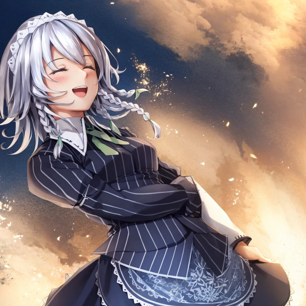  smile, open mouth, closed eyes, upper body, 1girl, solo, , Sakuya izayoi, silver hair, maid dress, white apron, very short skirt, sexy pose,, sleeveless outfit, detailed face, detailed eyes, fresh blue eyes, big green ribbons, blue outfit, small-to-medium breasts, white hair, bowtie girl, white maid headband, (braided hair:1.2) upper body, close up, perfect anatomy,portrait, profile picture