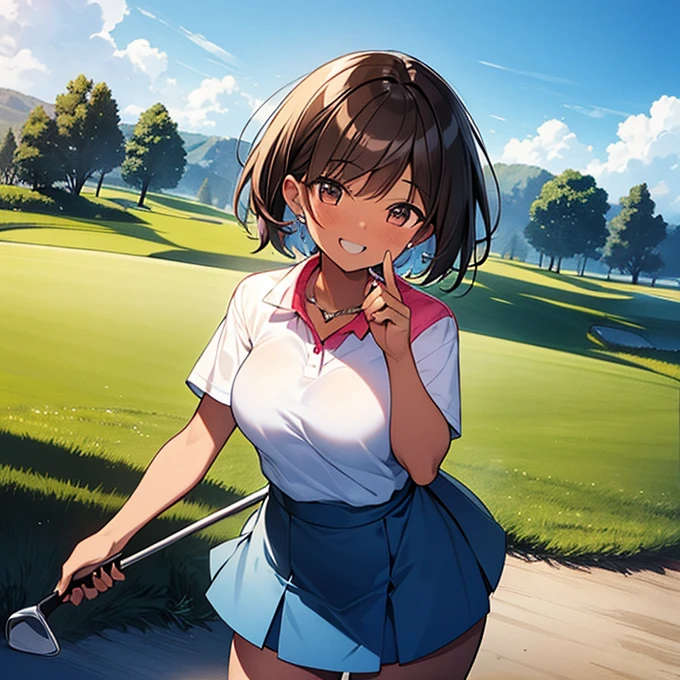 sound　high resolution　8k beauty　Woman playing golf　Golf course　Beautiful woman　short hair　Brown skin　Golf Wear　mini skirt　smile　　looking at the camera　Sunburn mark　Tears　victory　tall