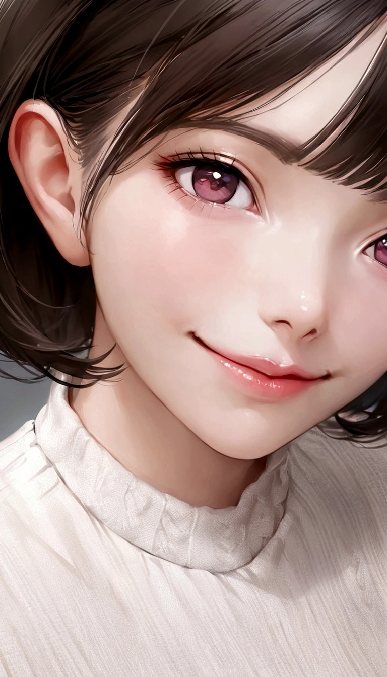 Japanese cosplayer、(smile), (knit Shirt:1.3)、Enako、 Best quality, Realism, Short Hair, ((bangs)),(Slender, Being thin), (Close-up:1.4)