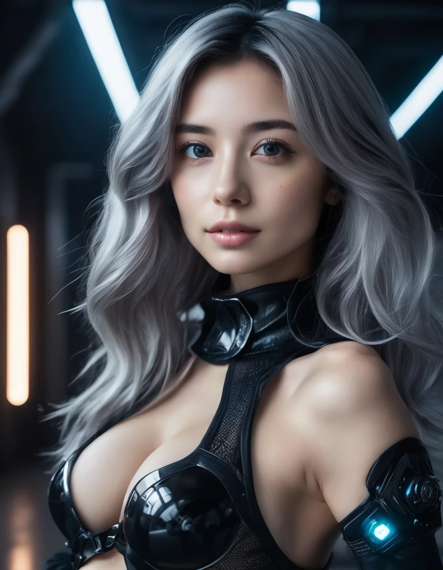 (:1.2), (masterpiece, Best Quality, hyper Realistic:1.6),
BREAK 
A beautiful,  young woman, an Instagram model, with high detail, looking happy. Posed in a wide-angle, gravure style with her arms behind her head, and her full body in the frame. She has a very slim waist, perfectly balanced soft,  with noticeable cleavage, large , and long, beautiful legs. She is dressed in glamorous clothing that highlights her sculptural beauty. Her realistic soft skin has a silky, slightly oily texture. She has a small head, detailed facial features, and eyes, with a cute, pretty slim face, a half-open duck mouth, and perfect teeth. Her gray hair is neatly arranged, and she is looking directly at the viewer. She is wearing detailed black  cyber gear with soft textures and a minimalistic beauty, including advanced technical sneakers. Her stance is harmonious.

She is in a dimly lit room with brilliantly glowing white neon lights. The setting is the interior of a futuristic colony, with mist drifting and steam rising from the concrete.