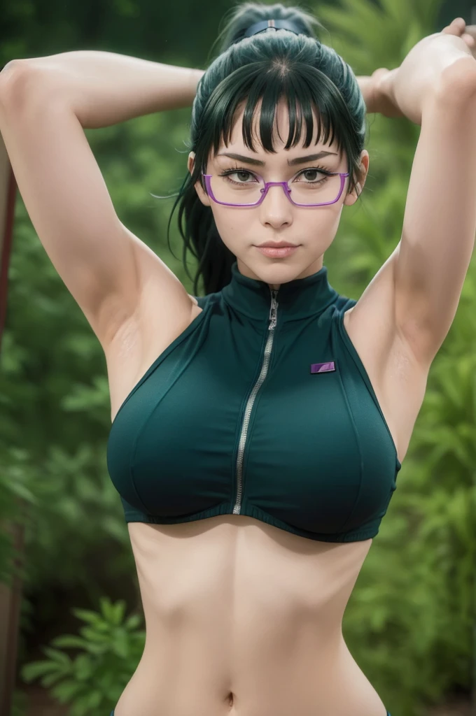 1girl, ((realistic)), ((photorealistic)),((high-res, masterpiece, best quality, cinema lighting)), masterpiece, best quality:1.2), upper body, solo, 1girl, little bit angry, closed mouth, masterpiece, best quality, 4k, photograph, cinemtaic lighting, modelshoot, perfect lighting, perfect detailed face, professional photoshoot, smile,(((huge breasts))),((((maki zenin)))),(((beautiful))), green hair, ponytail, slingshot swinsuit, realistic, japanese female, wearing purple glasses, arms up, armpits, armpits visible, muscular body