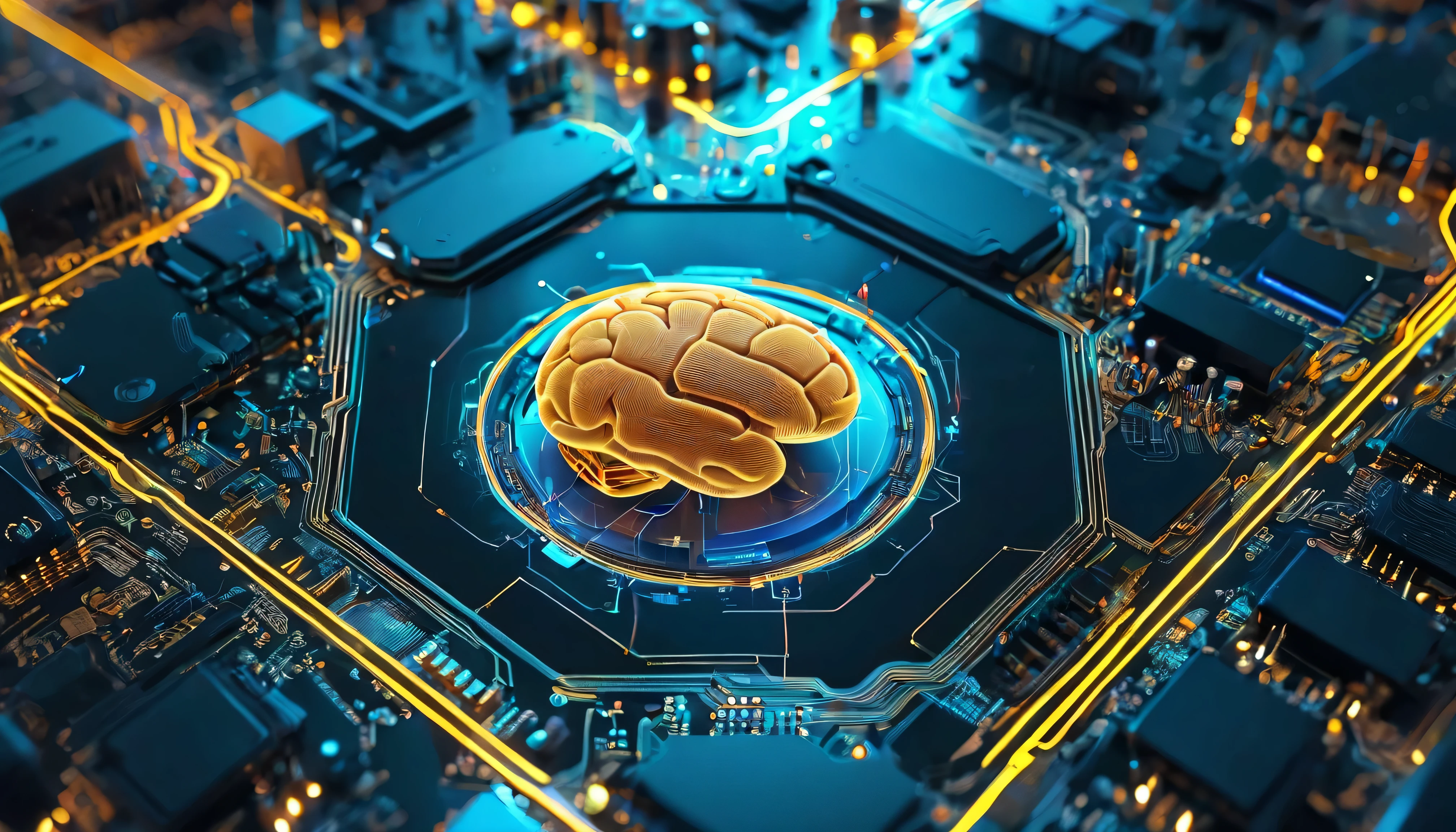 illustration of an AI processor made from human brain cells. complex pathways that connect all electronic components to the brain as the center. other components are absent, only neat golden stripes, only brain cells, no head, no body, The brain must seamlessly integrate with circuits, neuron connections, blue and green neon lights, futuristic, high-tech. The background is on the circuit board, 3d rendering effect.