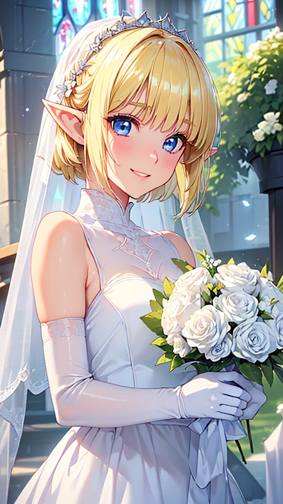 Very close、((Focus on the upper body))、16k、masterpiece、High resolution、High resolution、((1 young elven female))、((Beautiful blonde))、short hair、((Beautiful Blue Eyes))、((Pointy Ears))、Smiling Kindly、Grin、blush、Pink Lip Gloss、((Shiny skin))、((White Wedding Dress))、((church、Chapel))、look at me、((White gloves、Holding a bouquet))