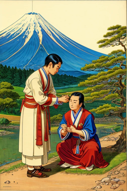 Please draw a picture of a man helping Fuji.。
