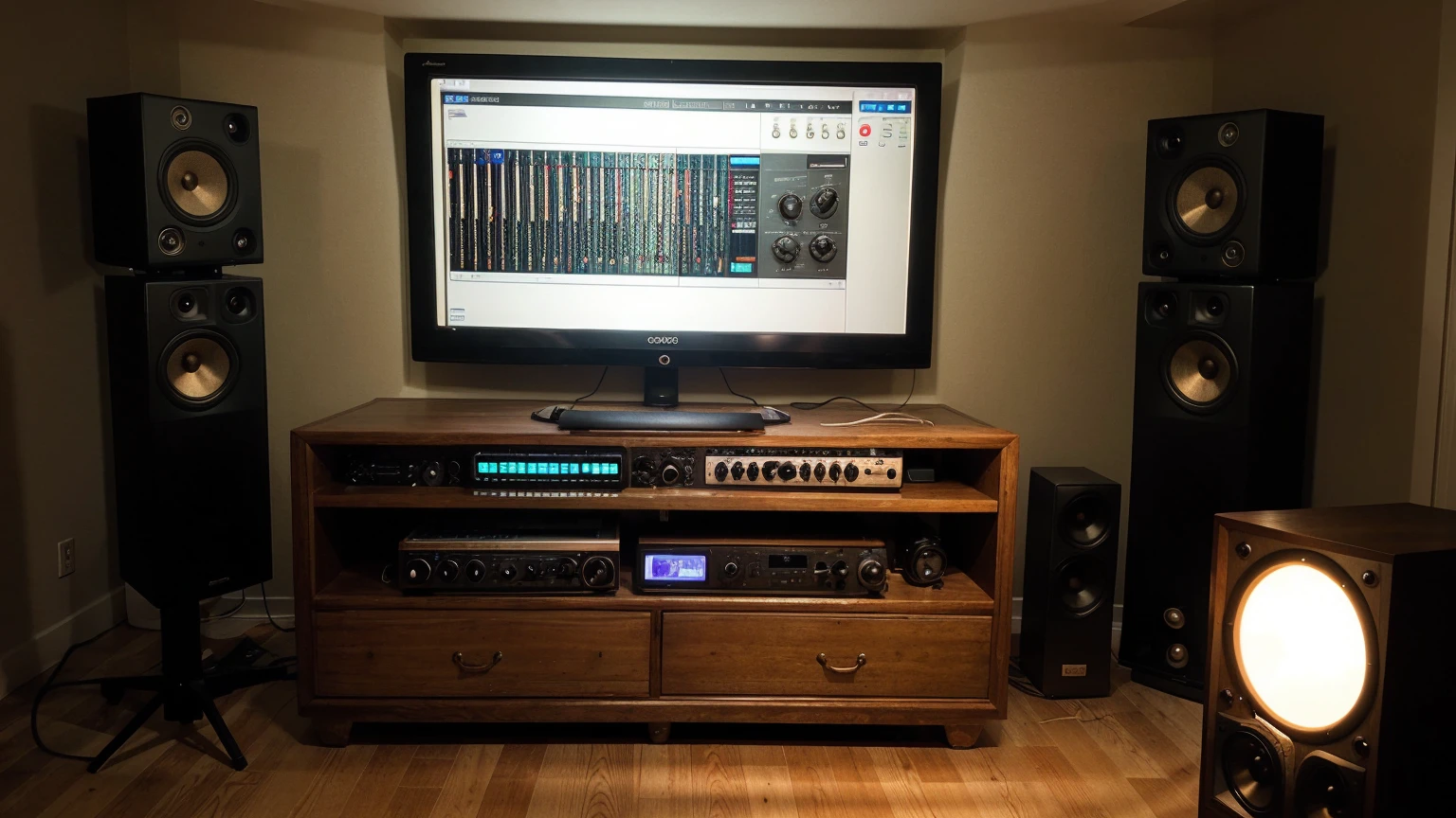 A luminous stereo with a lit up display in a recording studio