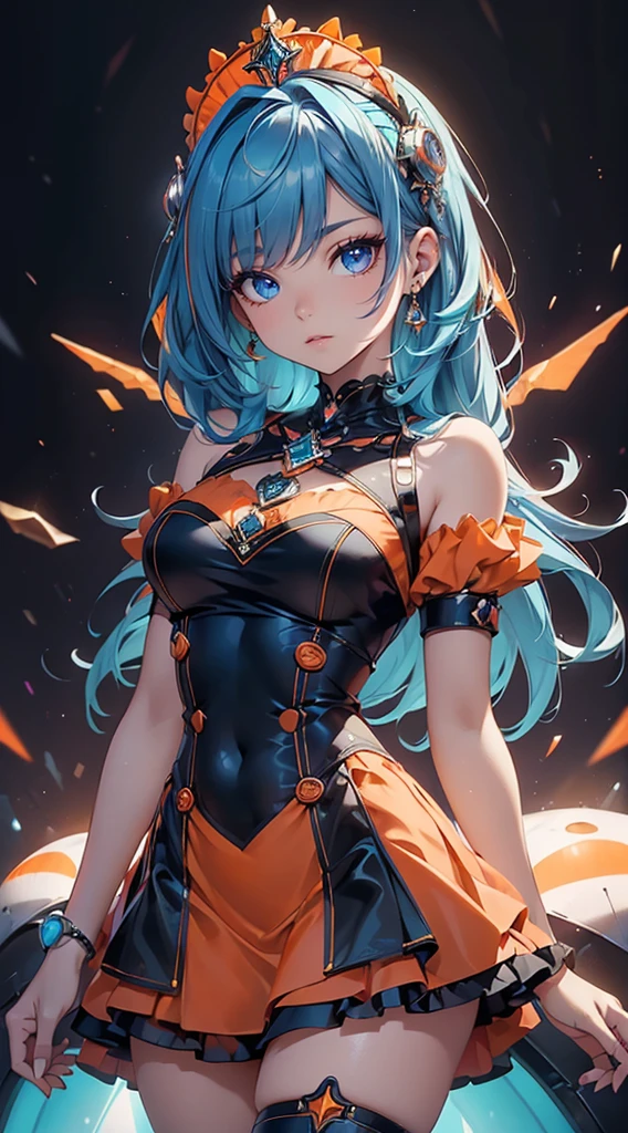 1 woman, mejor calidad，tmasterpiece，ultimate resolution，Suave，extremadamente colorido，De color，Princesa sirena，(Orange Vestido Lolita:1.4)，Medias de tirantes negras，Starrysky Android!,More detailed 8K.motor irreal:1.4,UHD,La mejor calidad:1.4, fotorrealista:1.4, textura de la piel:1.4, obra maestra:1.8,obra-prima, mejor calidad,objeto Objeto], (detailed face features:1.3),(Laboratorio Robotizado azul:1.4),(cabello rosado largo:1.4),（Beautiful and detailed eye description）,(manos:1.4),(mostrando su panties:1.4)