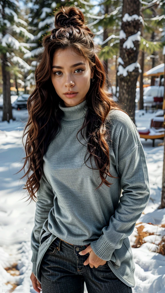 **Ultra-realistic portrait of a young African-American woman of mixed race, medium skin with freckles near the nose, very realistic skin texture, fine, round facial features, black eyes with long black lashes, defined eyebrows, well-defined lips without makeup. athletic physique, medium length wavy red hair, styled in tight curls. Captured with an iPhone 15, the image is ultra-detailed with a physical rendering, vibrant colors and sharp focus.
The avatar is in the snow, it's cold, she's wearing a coat, an ear warmer and ski pants with warm fur boots. We see her in full. She's walking in the snow. You can see her fur boots. There are fir trees all around her.