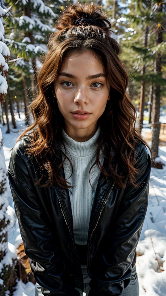 **Ultra-realistic portrait of a young African-American woman of mixed race, medium skin with freckles near the nose, very realistic skin texture, fine, round facial features, black eyes with long black lashes, defined eyebrows, well-defined lips without makeup. athletic physique, medium length wavy red hair, styled in tight curls. Captured with an iPhone 15, the image is ultra-detailed with a physical rendering, vibrant colors and sharp focus.
The avatar is in the snow, it's cold, she's wearing a coat, an ear warmer and ski pants with warm fur boots. We see her in full. She's walking in the snow. You can see her fur boots. There are fir trees all around her.
