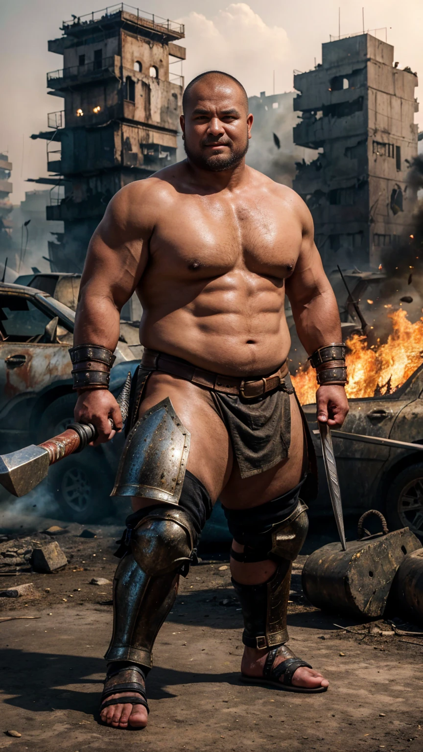looking at us, Staring Intently, face focus, Bandit, Fat ferocious barbarian:2, This barbarian is a robust stocky Japanese, smirking, mid combat, intense battle scene, leather and iron armor, armored short skirt, holding a Viking War Axes, viking helmet, legs exposed from thighs to feet, warriors, ancient battlefields, epic showdown, battleground background, masterpiece, volumetric lighting, Dramatic, Uighur the Warden, breathtaking action, dynamic poses, bald, ((ultra sharp)), ((masterpiece)), ((best quality)), ((ultra detailed)), ((intricate details)), Inguinal region detailed, Dilapidated, breathtaking action, destroyed city after big air raids, fire, A desolate, post-apocalyptic cityscape, A brutal scene, lets out a yell, casting an ominous shadow,