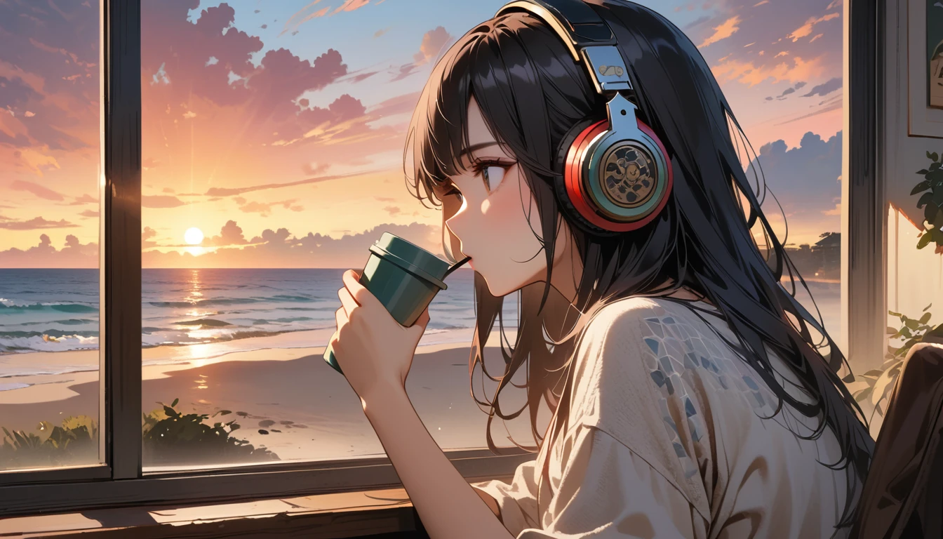 ((8k of extremely detailed CG unit, Masterpiece, high resolution, highest quality, highest quality real texture skin)), (((shoot from behind))), (wearing Japanese pattern headphones), ((1 girl)), ((Watching the sunset while sipping coffee in a cozy cafe)), ((denim)), ((Sunset beach from the big window)), (Japanese pattern Tシャツ), (Black hair, messy hair, beige skin), (Surreal, digital painting)
