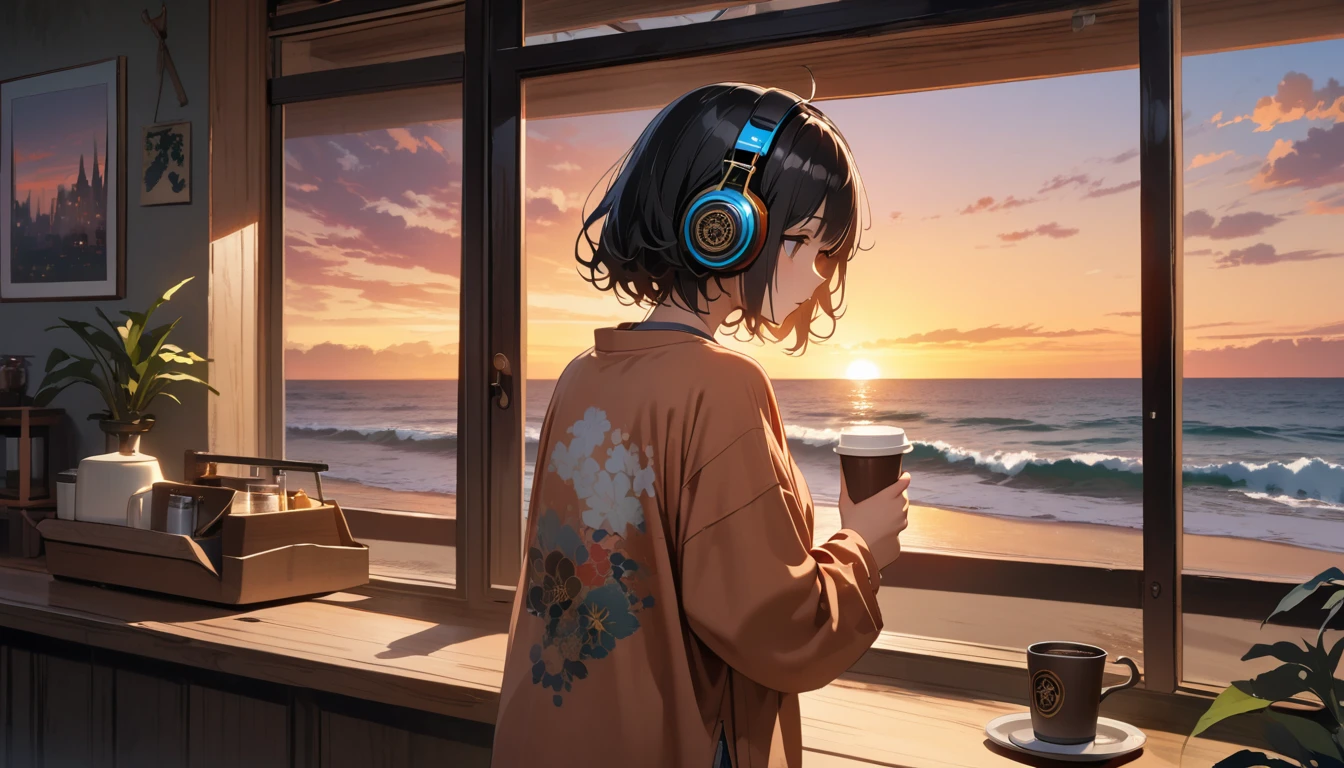((8k of extremely detailed CG unit, Masterpiece, high resolution, highest quality, highest quality real texture skin)), (((shoot from behind))), (wearing Japanese pattern headphones), ((1 girl)), ((Watching the sunset while sipping coffee in a cozy cafe)), ((denim)), ((Sunset beach from the big window)), (Japanese pattern Tシャツ), (Black hair, messy hair, beige skin), (Surreal, digital painting)