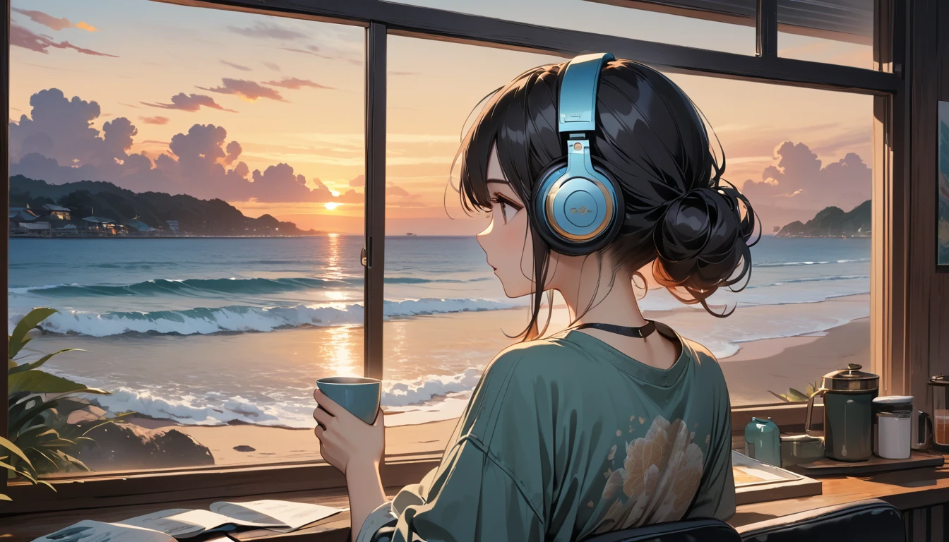 ((8k of extremely detailed CG unit, Masterpiece, high resolution, highest quality, highest quality real texture skin)), (((shoot from behind))), (wearing Japanese pattern headphones), ((1 girl)), ((Watching the sunset while sipping coffee in a cozy cafe)), ((denim)), ((Sunset beach from the big window)), (Japanese pattern Tシャツ), (Black hair, messy hair, beige skin), (Surreal, digital painting)