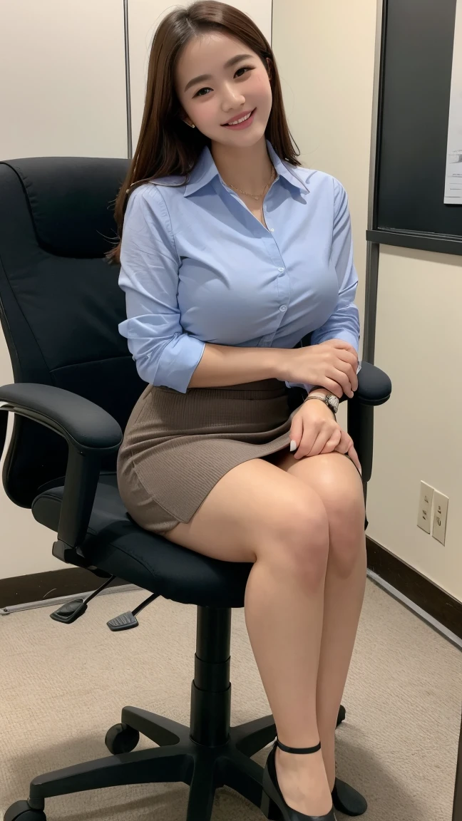 ((highest quality, 8K, masterpiece, Portraiture: 1.3)), (Watching the audience), (Full Shot:0.85), Attractive Business Woman, 1 person, Brown medium hair、 White collared shirt, Grey Skirt,((big breasts 2.3)) (big pelvis:0.8), (sitting in an office chair)), smile:0.2, president'office,Good posture、(((young lady))), (((20 years old))), short skirt, high heels, perfect legs