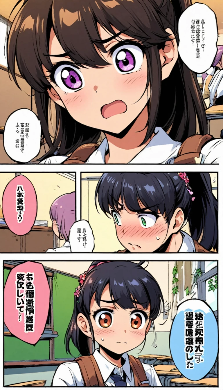 Comic city hunter style，15 year old beautiful girl，classroom，Jie Kang ，ponytail，Shy，rich and colorful，Japanese manga artist Tsukasa Hojo&#39;style，depth of field，Overclocked renderer，movie lighting，Ultra-fine，super detailed，complicated，cinematic perspective，CG art，
