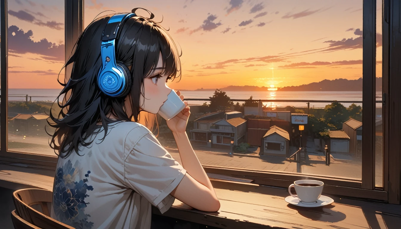 ((8k of extremely detailed CG unit, Masterpiece, high resolution, highest quality, highest quality real texture skin)), (((shoot from behind))), (wearing Japanese pattern headphones), ((1 girl)), ((Watching the sunset while sipping coffee in a cozy cafe)), ((denim)), ((Sunset beach from the big window)), (Japanese pattern Tシャツ), (Black hair, messy hair, beige skin), (Surreal, digital painting)
