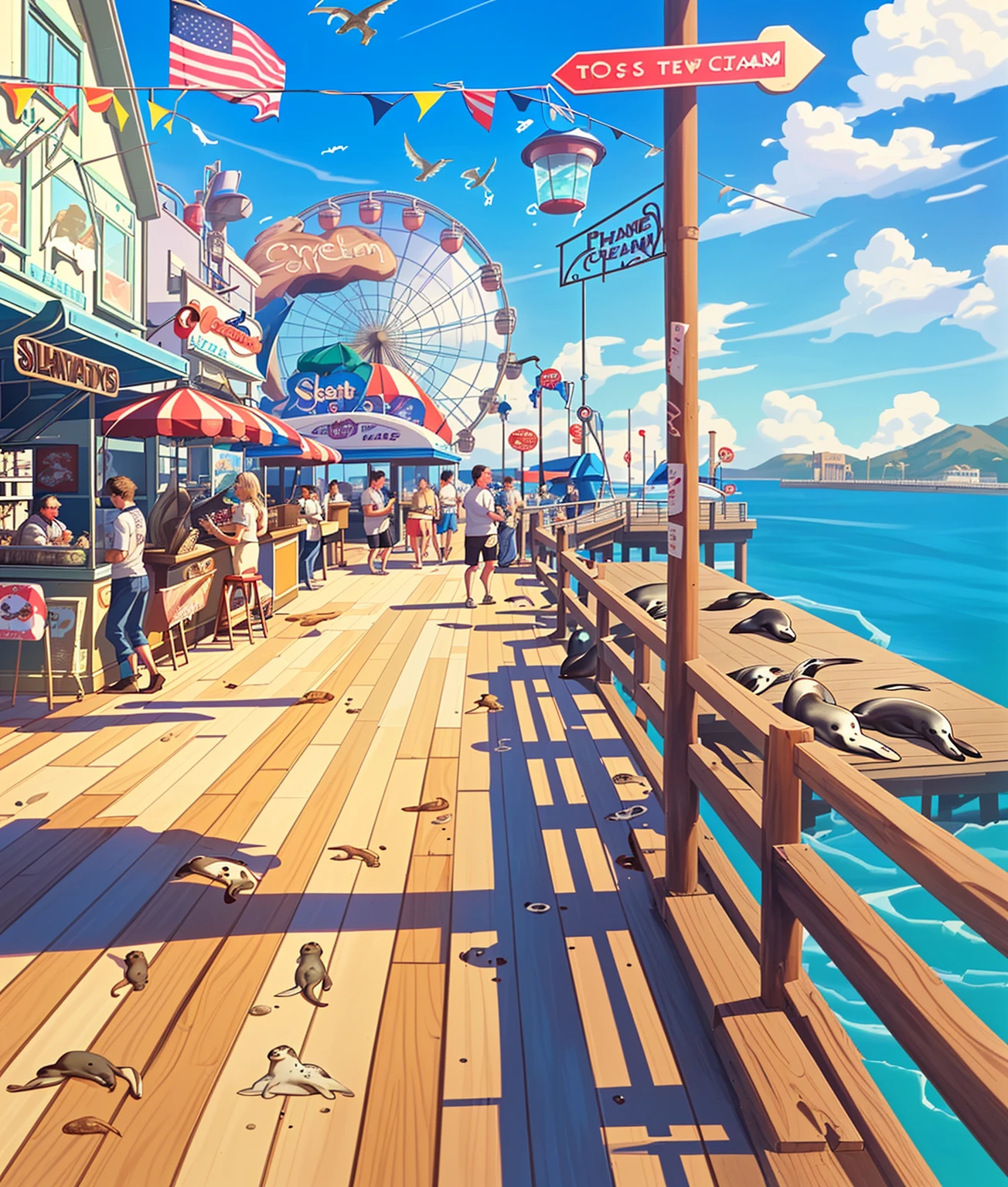 pier with seals, seals by the water, promenade, restaurants, street ice cream, ice cream stand, photo booth, seals, seals, lots of flying seals, rides, large Ferris wheel