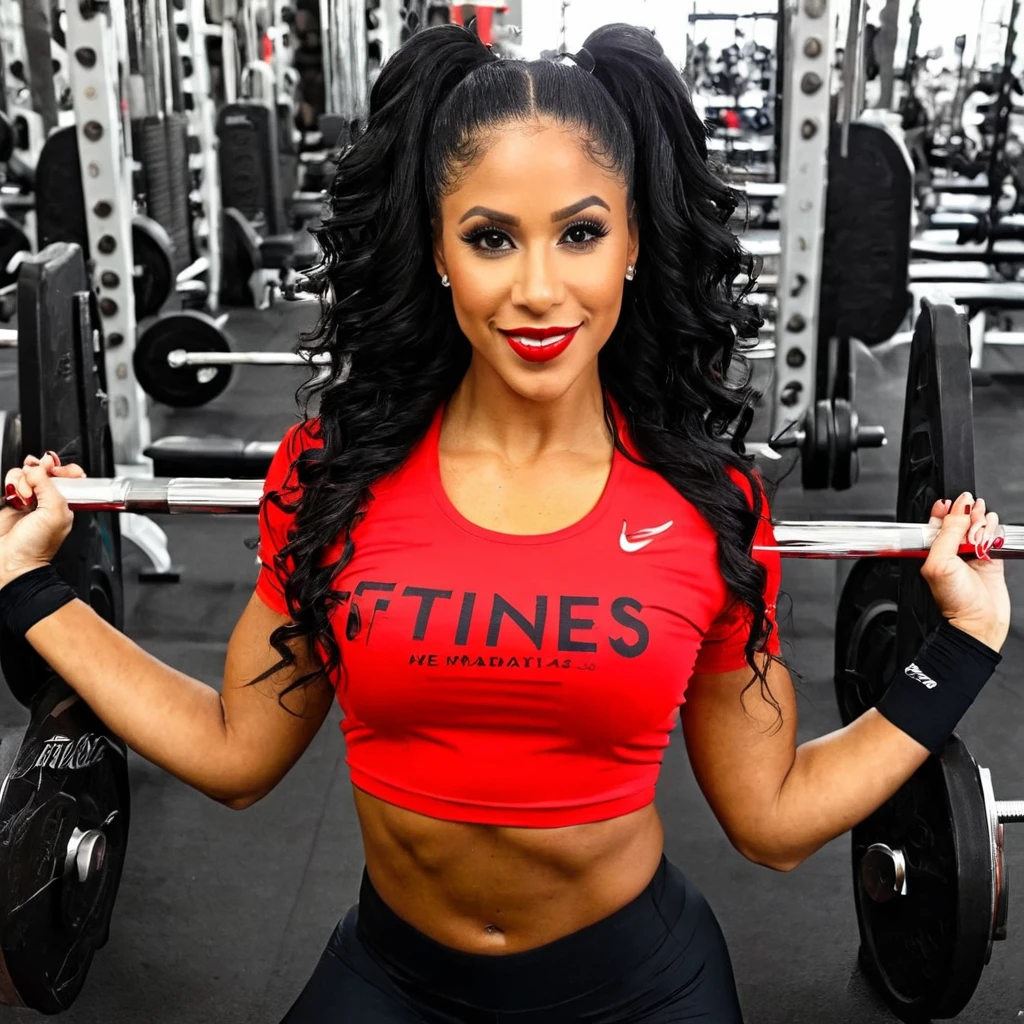 criar uma mulher loira com cabelos pretos e vermelho com aproximadamente 25 anos fitnes com camisa escrito "QRID"