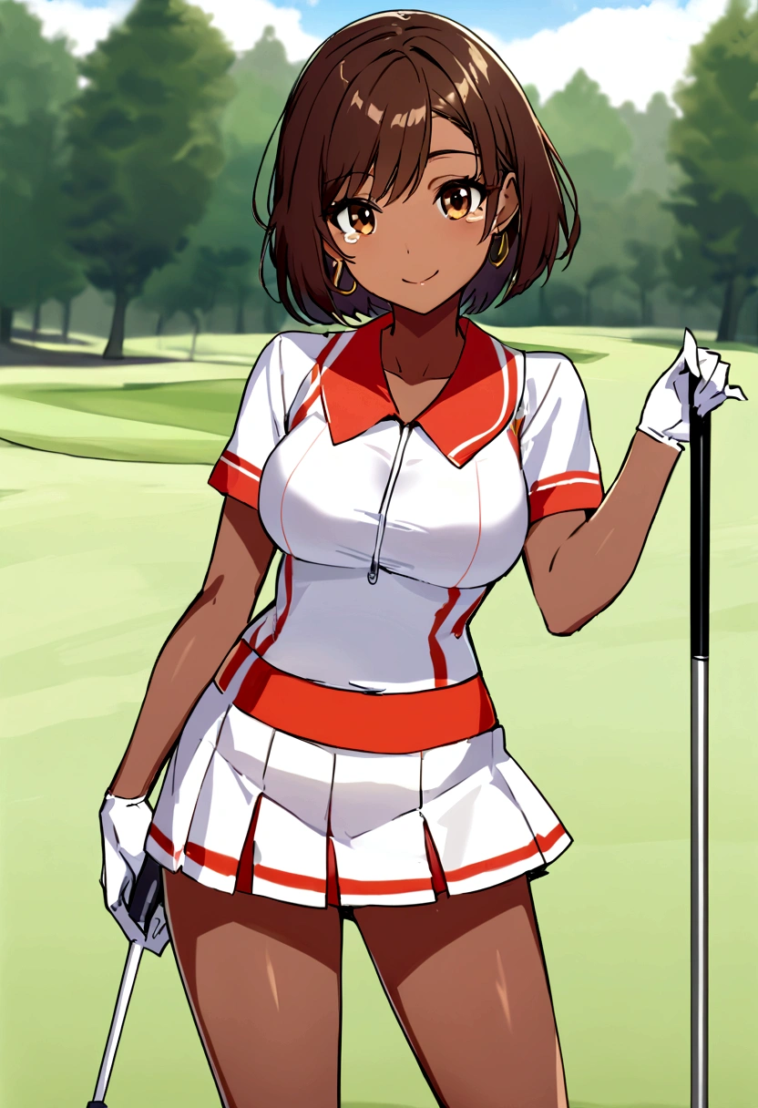 sound high resolution 8k beauty Woman playing golf Golf course Beautiful woman short hair Brown skin Golf Wear mini skirt smile looking at the camera Sunburn mark Tears victory tall