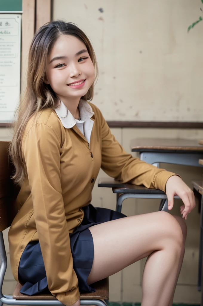 best quality, face focus, soft light, (depth of field) ,ultra high res, (photorealistic:1.4), RAW photo,
(upper knees:1.4) ,(from side)
1 girl, solo, cute, (shy, smile:1.1), (brown eyes),  detailed beautiful face, (long hair ), 
High School Classroom, (sit chair),
(school uniform:1.4,dark brown skirt,light brown shirt)