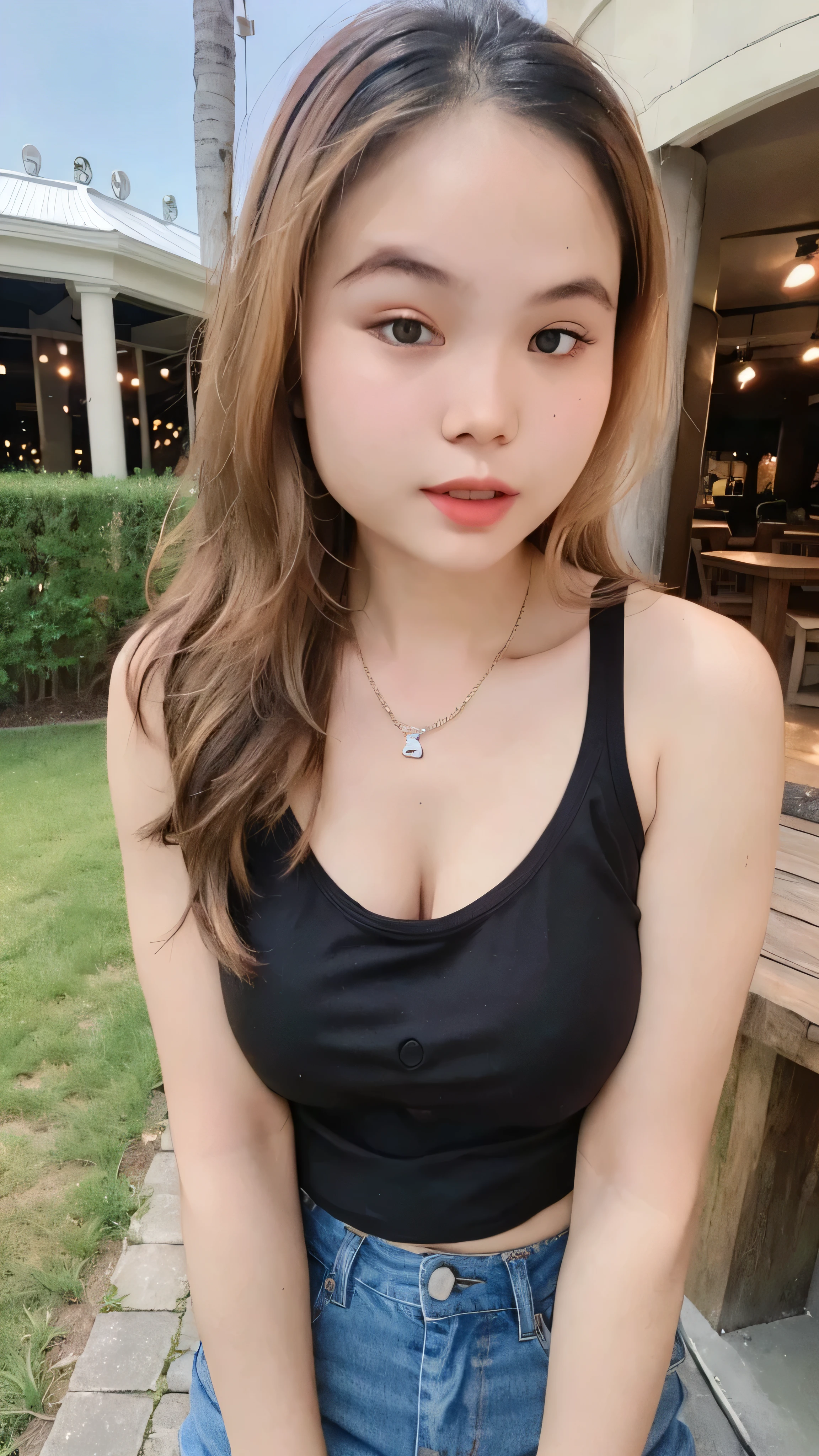 a beautiful girl with long brown hair and bangs, flat chest, small waist, attractive thighs, wearing an off-shoulder top and shorts jeans, in an erotic outdoor pose, (best quality,4k,8k,highres,masterpiece:1.2),ultra-detailed,(realistic,photorealistic,photo-realistic:1.37),HDR,UHD,studio lighting,ultra-fine painting,sharp focus,physically-based rendering,extreme detail description,professional,vivid colors,bokeh,erotic,sensual,elegant,charming,captivating