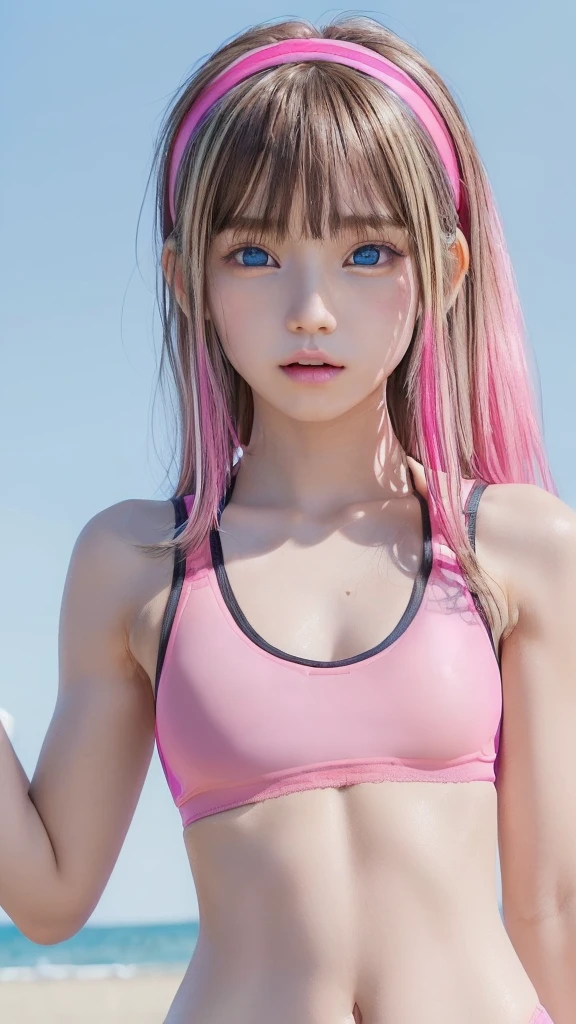 (((1 small cute girl/Super Flat Chest/whole body))),(((At the Beach))),(((innocent))),(((Petite figure))),(((Big Blue Eyes))),(Lightroom:1.13)、Soft Light、(Natural Skin Texture:1.2)、(Hyperrealism:1.2)、Sharp Focus、highest quality, Photorealistic, In 8K, High resolution, (Skin Dentition), (Portrait:0.6), Pure Eros Face_v1:1,(((from below))),(((A pure 10-year-old)))、Nice cute girl、(((hot pink and deep pink combination sports bra swimsuit/Small breasts:1.72))),((Dark blonde long straight hair/Hair band, Parted bangs:1.7)),(((from below))),(((See through clothes))),(((Undersized clothing))),(((Revealing clothes))), (((Childlike)))、((())),(((lines in the pussy))),(((Super Flat Chest))),(((NSFW)))