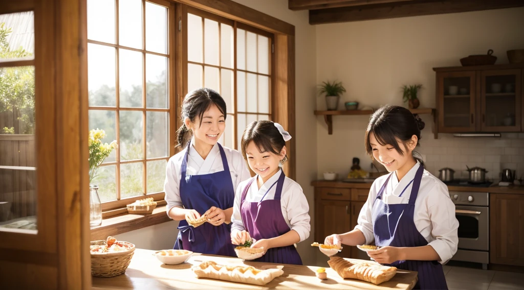 Smiling Japanese children and their mother, Making pastries and pies, Home kitchen with large windows, Natural light, Very detailed.