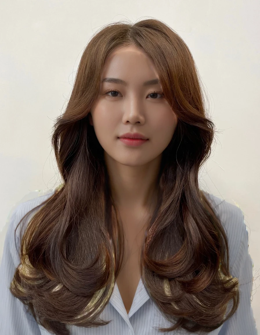 Best Quality, 8k, Masterpiece, (Portrait: 1.3), (photo realistic:1.4), (hyper realistic:1.4), Sharp Focus, looking at viewer, (smoother lighting:1.1), (increase cinematic lighting quality:0.9), realistic lighting, backlighting, light on face, ray trace, (brightening light:1.2), (Increase quality:1.4), sharp detail, (best quality real texture skin:1.4), finely detailed eyes, black_eyes, finely detailed face, 25 year old Korean woman, (white formal_shirt:1.4), (Create an image maintaining the original base model hairstyle:1.5)