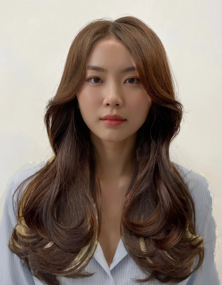 Best Quality, 8k, Masterpiece, (Portrait: 1.3), (photo realistic:1.4), (hyper realistic:1.4), Sharp Focus, looking at viewer, (smoother lighting:1.1), (increase cinematic lighting quality:0.9), realistic lighting, backlighting, light on face, ray trace, (brightening light:1.2), (Increase quality:1.4), sharp detail, (best quality real texture skin:1.4), finely detailed eyes, black_eyes, finely detailed face, 25 year old Korean woman, (white formal_shirt:1.4), (Create an image maintaining the original base model hairstyle:1.5)