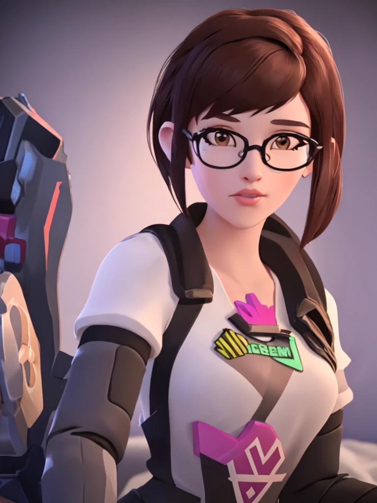DVA from Overwatch without her roboter, 1 girl solo in her bedroom, a plain white t shirt, round glasses, tied up short brown hair, full upper body, 8k, overwatch cinematic, high res, cgi, physically based render, high quality, volumetric lighting