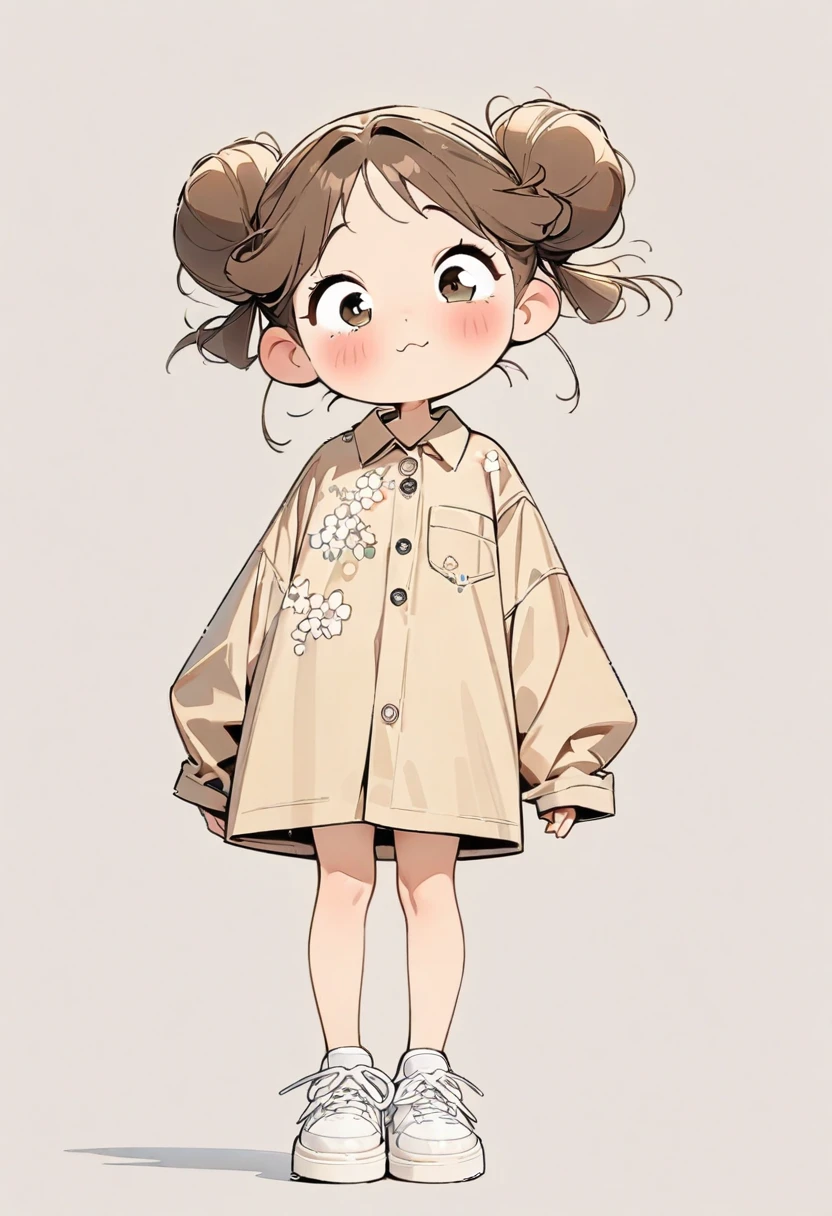 (masterpiece, highest quality:1.2), Cartoon style character design。1 girl, alone,Big eyes,Cute expression,Two buns hair,Floral Shirt,Work clothes,White sneakers,stand,interesting,interesting,Clean Lines,Solid color background