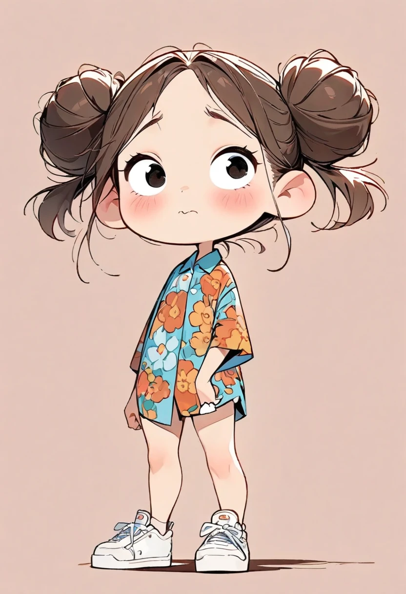(masterpiece, highest quality:1.2), Cartoon style character design。1 girl, alone，Big eyes，Cute expression，Two buns hair，Floral Shirt，Work clothes，White sneakers，stand，interesting，interesting，Clean Lines，Solid color background