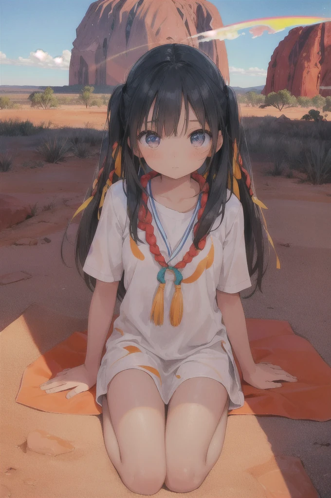 Aboriginal girl at Ayers Rock(Uluru)A scene of praying in front of the。少女はアボリジニがnakedにされ、Her face and body are adorned with ceremonial paint. She stands silently at the foot of Ayers Rock.、I'm praying with open arms。The vast Australian desert spreads out in the background.、It is characterised by red sand and dry vegetation.。The sky is a beautiful shade of orange and purple at dusk.、In the distance you can see the desert horizon。The grandeur of Ayers Rock、Australia's natural beauty comes together、Create a mysterious and moving scene。(((nsfw)))(((((naked)))))(((((5 years old)))))((((infant))))((((Lolita))))Small breasts、whole body