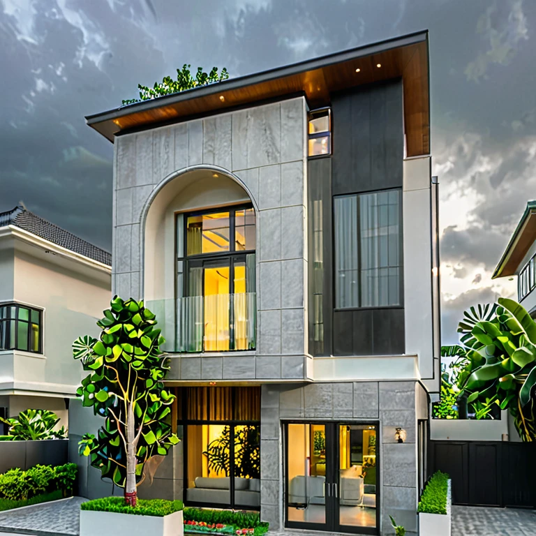 modern villa on street, (overcast lighting:1.2), tropical tree, vivid color, curve wall, streetcapes, nice sky, grey and wwhite tone, (large glass door:1.2), warm interior lighting, modern material, best quality, ultra realistic, masterpiece, 17ArchiAI_XL_VL-v1