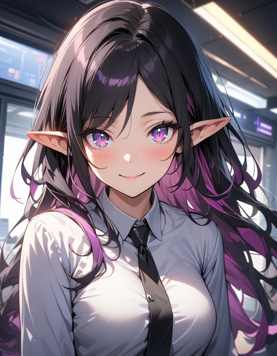 ((highest quality, masterpiece, ultra high definition, high resolution)), ((ultra-detailed illustrations:1.2)), 1 girl, solo, anime style, beautiful hair, parted bangs, loose hair, long hair, black hair, dark purple hair, multi colored hair, beautiful detailed eyes, beautiful detailed pupils, violet eyes, looking at viewer, pointed ears, mid-chest, smile, black tie, white shirt, collared shirt, long sleeves, black mini skirt, pantyhose, shiny skin, shiny, indoor, office