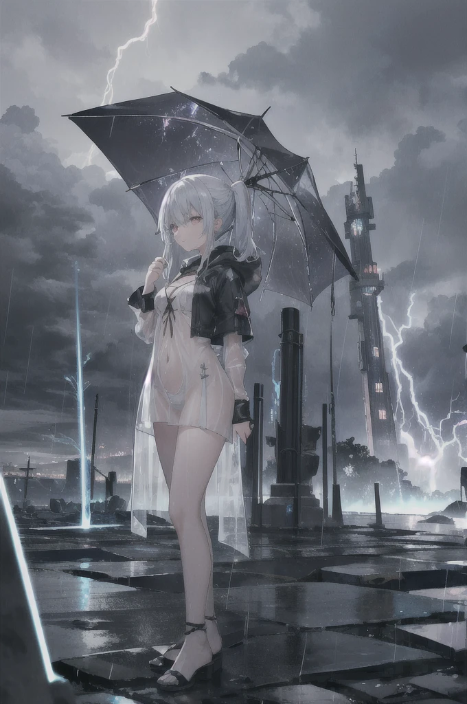 Stormy Night、A wizard girl in a belligerent, transparent outfit standing on a stormy battlefield amidst lightning flashes。The boss of the girl in the see-through clothes is、Emits a dark aura、Looking down with sharp eyes。Lightning and heavy rain are falling in the background、The girl's determined expression emerges.。(((nsfw)))(((naked)))((((Transparent see-through clothing)))))(((s old)))infant