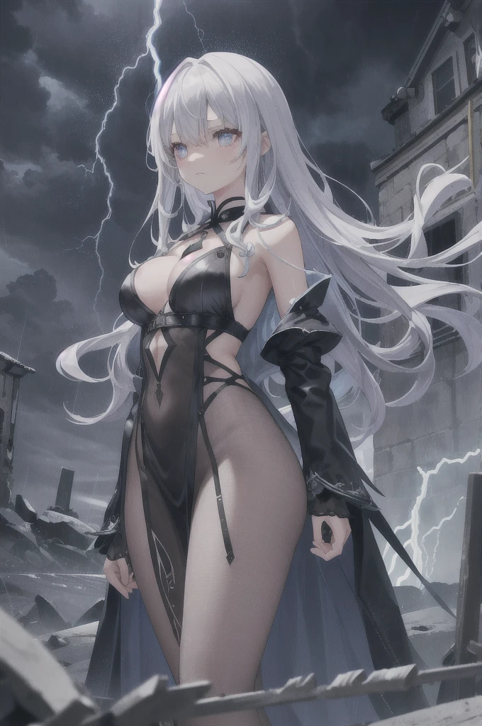 Stormy Night、A wizard girl in a belligerent, transparent outfit standing on a stormy battlefield amidst lightning flashes。The boss of the girl in the see-through clothes is、Emits a dark aura、Looking down with sharp eyes。Lightning and heavy rain are falling in the background、The girl's determined expression emerges.。(((nsfw)))(((naked)))((((Transparent see-through clothing)))))((()))infant
